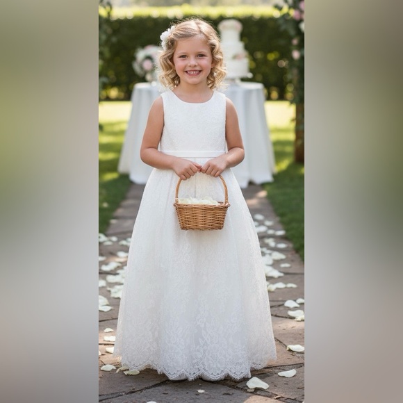 David's Bridal Girls Lace Flower Girl Dress Ivory Size 8 Formal NWT Wedding Bow - Picture 2 of 11